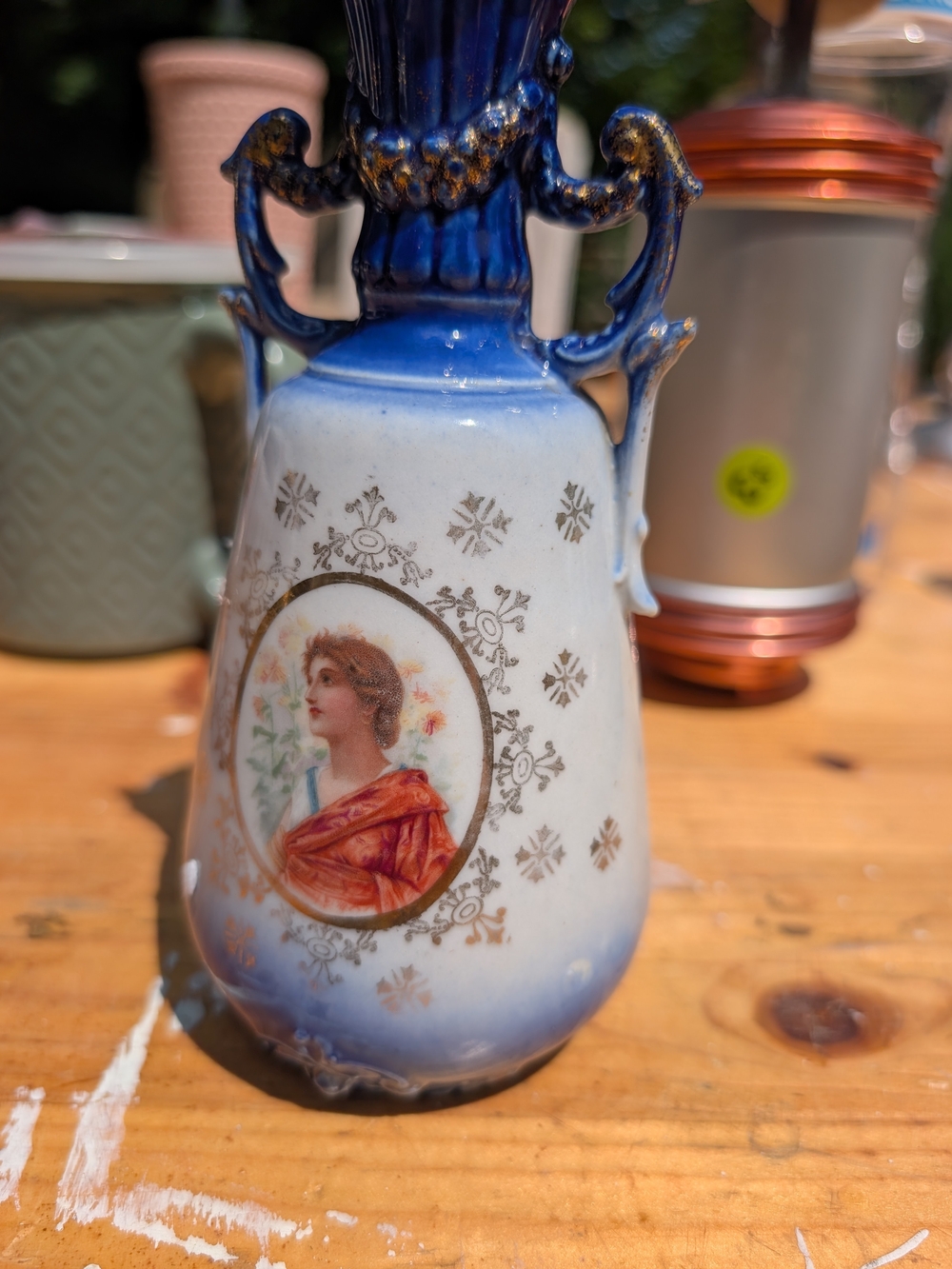 Vintage Blue and White Porcelain Portrait Vase Antique Austrian Victorian